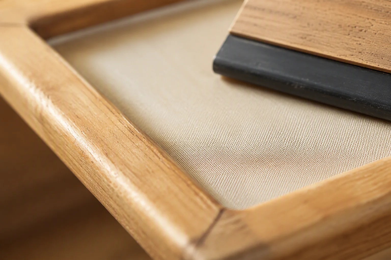 Screen printing frame with squeegee pressing ink through the mesh onto fabric