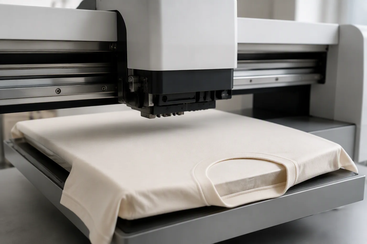 Beige t-shirt loaded inside a direct-to-garment (DTG) printer