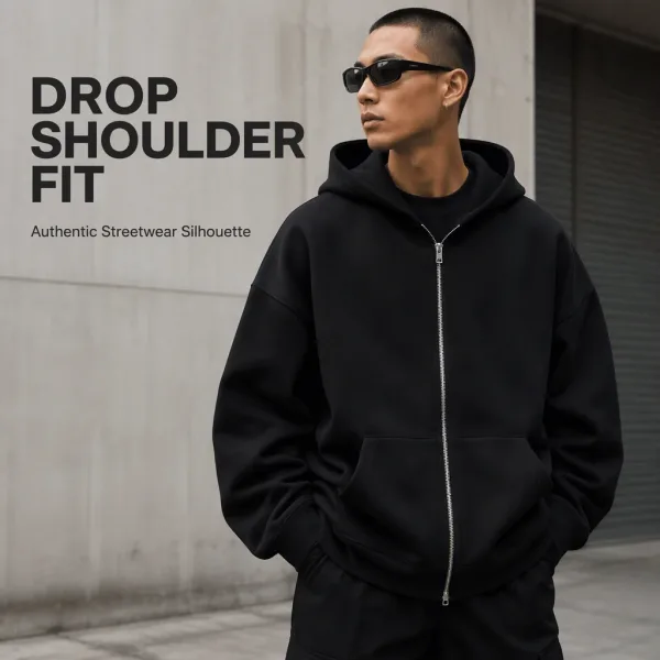 OEM Zip-up Hoodie Custom Private Label Drop Shoulder Streetwear Manufacturer Wholesale Heavyweight Cotton Blank Hoodies